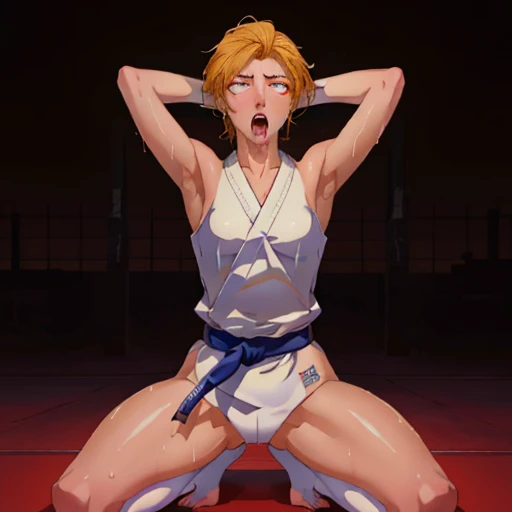 ((((masterpiece, best quality, high resolution)))), Extremely detailed 8K, 1 female, wearing a white Karate gi, (ahegao),white eyes, Small breasts,full body, kneeling, tired, (muscle:1.4), japanese clothes, No underwear,No eyeballs, Facing the audience, looking at the audience, tired, from below, (Exposed armpit:1.1), ((armpit:1.2)), sexy, Sweating, More and more sweat,(ahegao), (Roll your eyes), open mouth, Sticking out tongue, saliva, Slobber,Skinny, raise arms, (arms above head:1.5)(Ultra HD, Ultra-detailed, Highly detailed, Highly realistic, Ultra-realistic, photograph realistic), (1girl:1.5), (Realistic yellow hair), (dynamic poses), facing at camera, looking at viewer, (slightly serious face),(red eyes, sharp eyes), (perky breasts:1.2), (beautiful detailed face, beautiful detailed eyes), ((worn out karate gi)), (preparing for a fight), sweat, glow, (sunbeam, sunlight), ((cowboy shot)), inside a training gym, seductive, EnvyBetterHands LoCon.