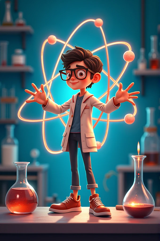 Create a character for a chemistry page called atomic chemistry to promote chemistry content for college students