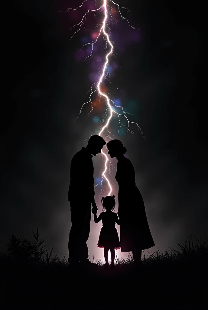 black and white silhouette, white heartbeat line, black background with colorful touches, In the middle of one of them is a family, dad, Mom and a 3-month-old baby girl, dark fantasy