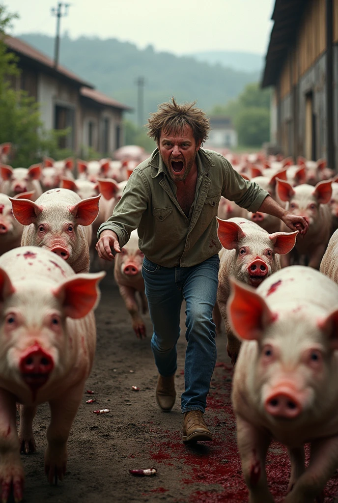 Make a picture of a pig farm where crazy pigs are chasing and eating the owner of the pig farm.