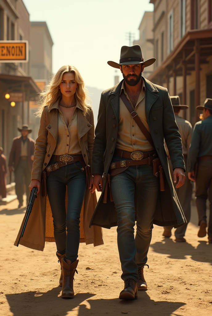 Wild West two people blonde woman and guy without beard walking through the city 1870 in hands weapons