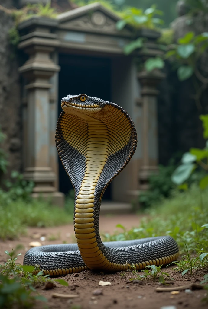 Ek realistic
Indian cobra ka photo Jo fan fela kar
dekh rha h or is k background me purana mandir h jis par vanaspati bhi aagai photo animation jesa nhi real lagna chahiye