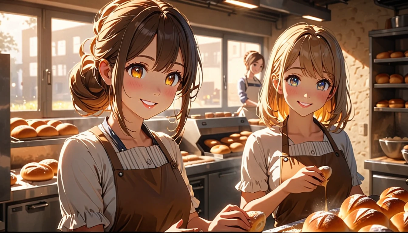 a girl in a bakery kitchen, 2 girls, baking bread, smiling, assisting friend, warm lighting, detailed face, beautiful eyes, detailed lips, incredibly detailed, animetic, 8k, best quality, masterpiece, cinematic lighting, warm color palette, natural daylight, studio lighting, high resolution, intricate details, realistic textures, vibrant colors, soft focus, depth of field