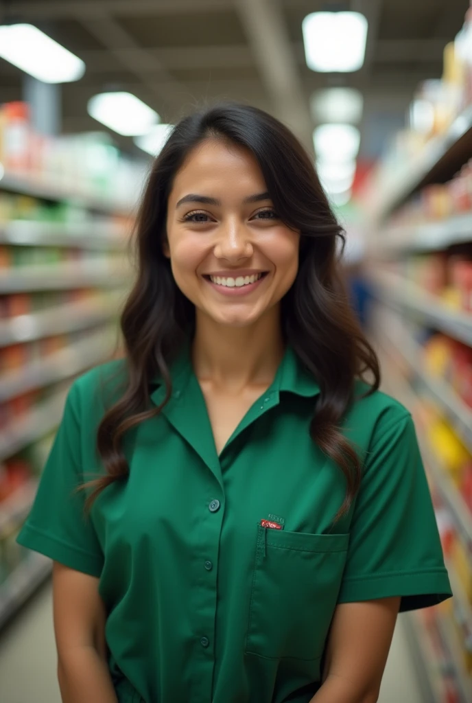 A iphone photo of a young mexican in a supermarket. She is a supermarket worker with green uniform. She is smiling to the camera. Raw picture