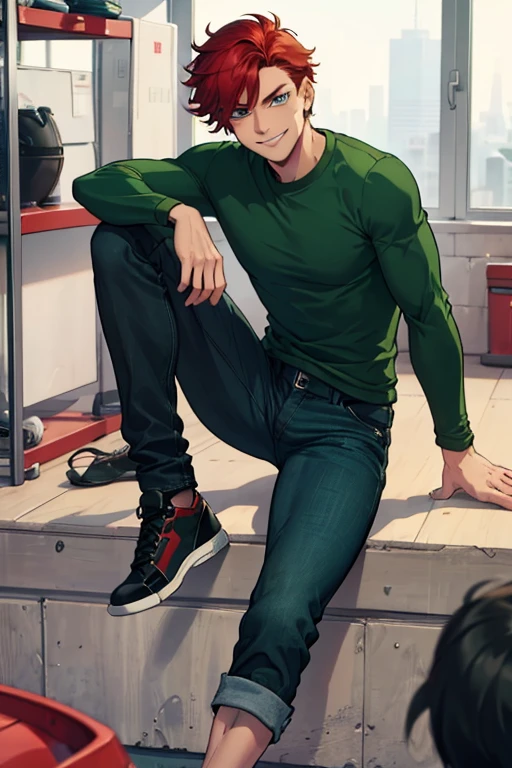 male, red short messy hair, blue eyes, (((1boy))), (((green long sleeve t-shirt))), (black denim pants), (black shoes), handsome, long legs, smiling, single person