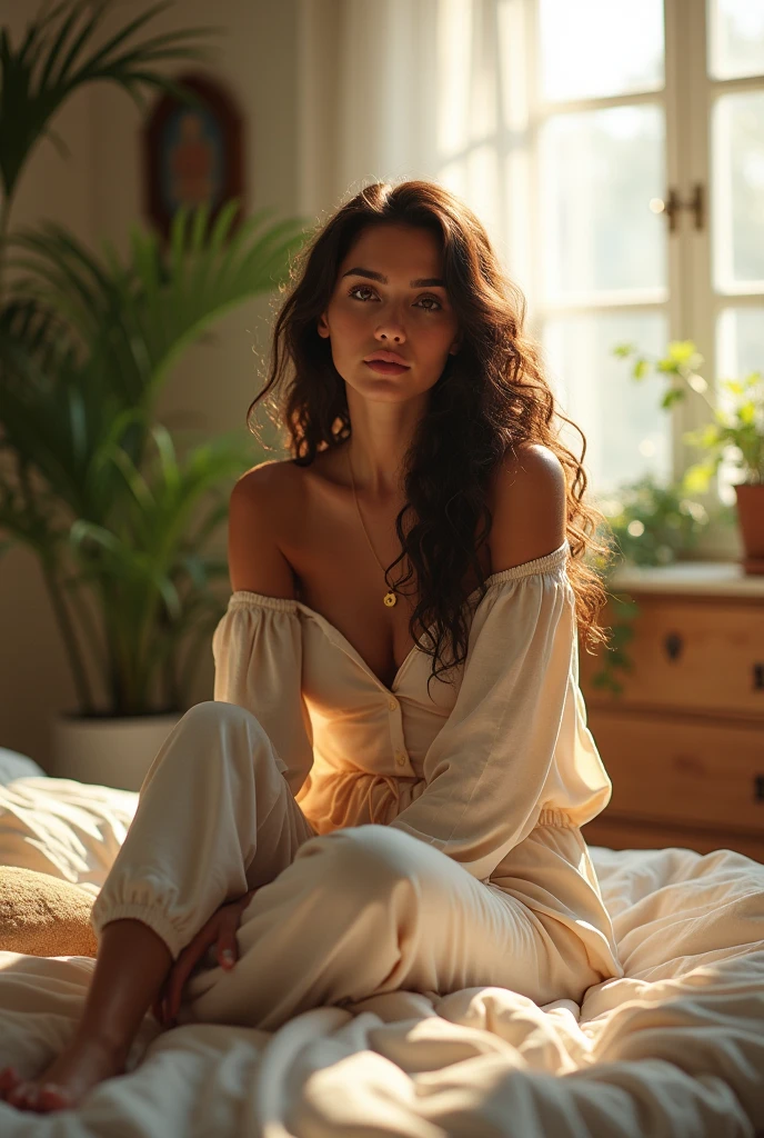 (photorealism:1.2), beautiful woman, sitting on bed, wearing loose off-shoulder top, pajama pants, long curly hair, indoors, soft lighting, plants in background, window with sunlight, cozy room, relaxed pose, realistic, intricate details, warm colors, by Greg Rutkowski, by Alphonse Mucha