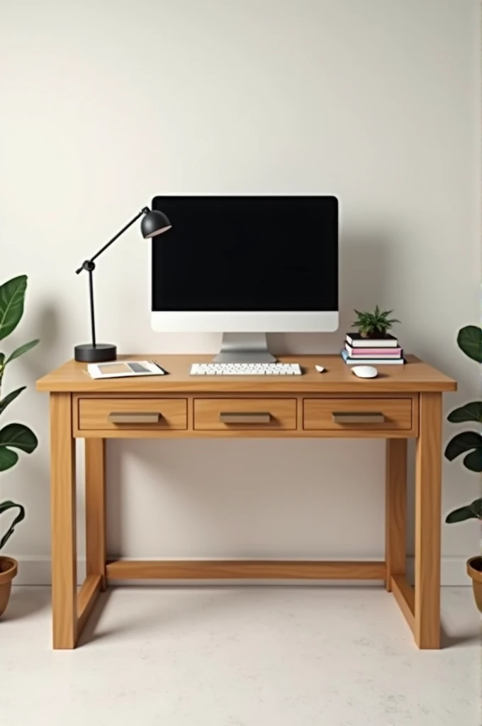 Rectangular wooden desk. With 3 small drawers in the front and above it a computer and 3 books