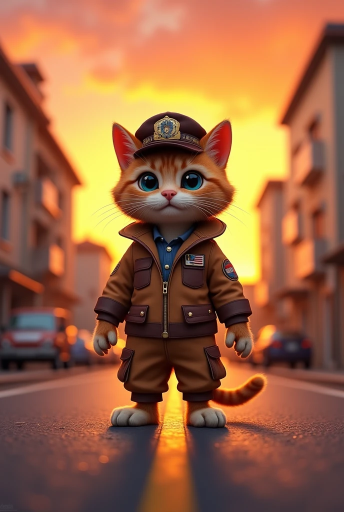 A cat in pilot suit between the road  with building sat sunset