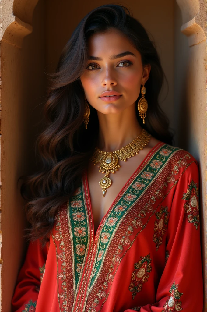 Beautiful Moroccan girl, Dark brown eyes, 26 years old, Almond-shaped eyes, Oval face shape, Wavy Hair, 170cm, 65kg, Highly detailed face, Detailed skin texture, Graceful pose, Colorful Moroccan Dresses, Gold Jewelry, Natural light, Dramatic Shadows, Warm color palette, Portraiture, Realistic, photoRealistic, 8k, masterpiece