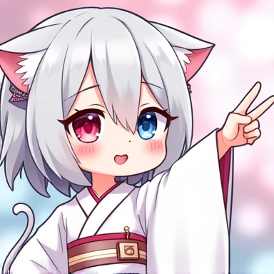 One Woman,Gray Hair,Cat ear,((Chibi Character)) Heterochromia iridis,Red eyes,,White kimono,peace sign,Please enter text in the bottom right corner of the fantasy image,A very popular font,