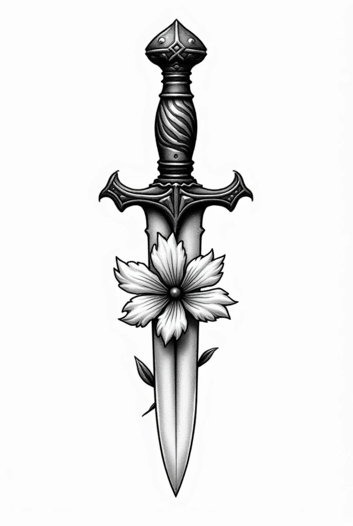 get a black and white tattoo of a rustic dagger small through a flower, add lots of shading, diminua o tamanho da adaga