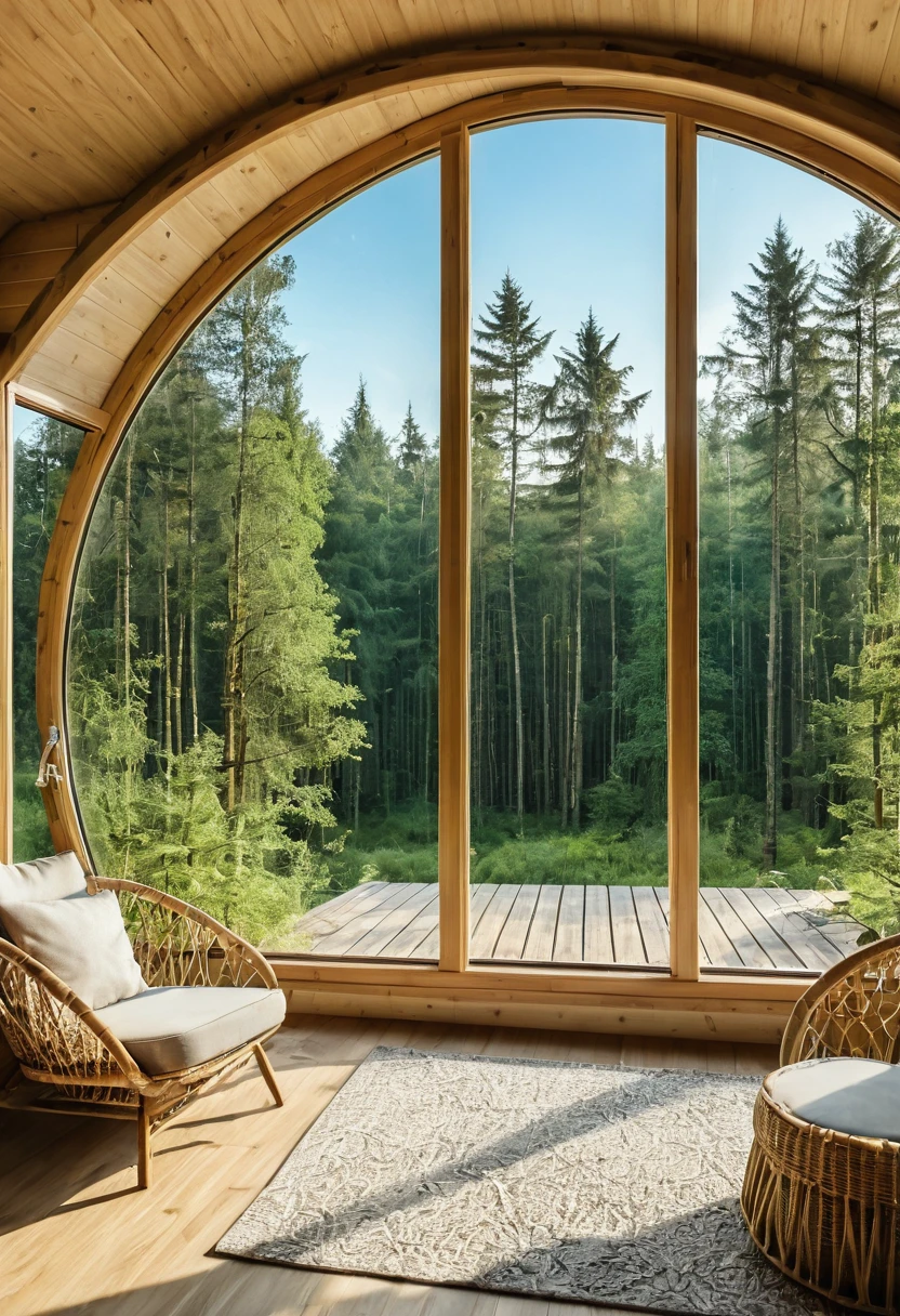 Glamping in the forest with panoramic windows, view from inside the forest. season summer.day