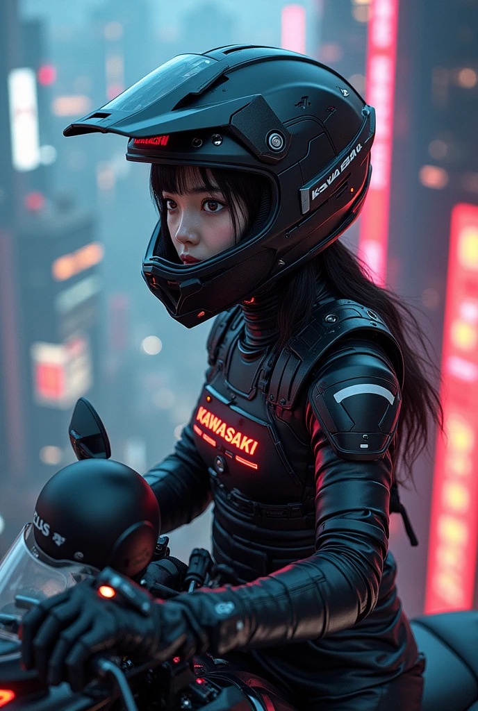 very beautiful Japanese high school girl, about to Ride on a off-road motorcycle, at the heliport of the top of the tallest building at night, amazing view of skyscrapers, dangerous place, dramatic scene, masterpiece, (face focus:1.3), clear helmet visor, beautiful eyes, Kawasaki bike, Shoei helmet, (wearing a intricated with complex layered cyber punk mecha armored off-road rider's outfits with neon sign), dynamic angle, acrobatic pose