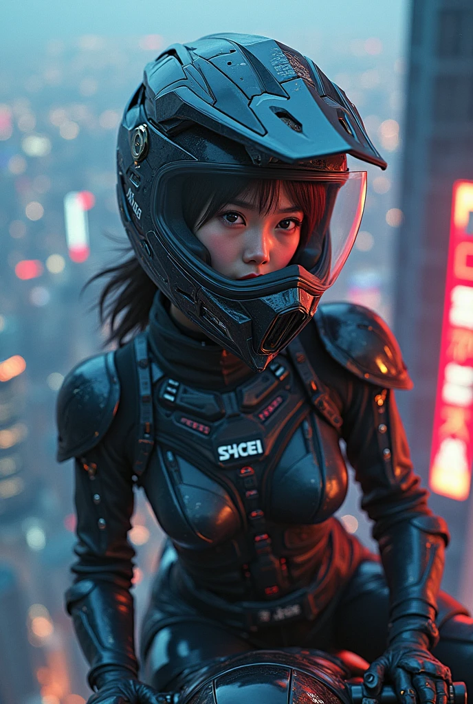 very beautiful Japanese high school girl, about to Ride on a off-road motorcycle, at the heliport of the top of the tallest building at night, amazing view of skyscrapers, dangerous place, dramatic scene, masterpiece, (face focus:1.3), clear helmet visor, beautiful eyes, Kawasaki bike, Shoei helmet, (wearing a intricated with complex layered cyber punk mecha armored off-road rider's outfits with neon sign), dynamic angle, acrobatic pose
