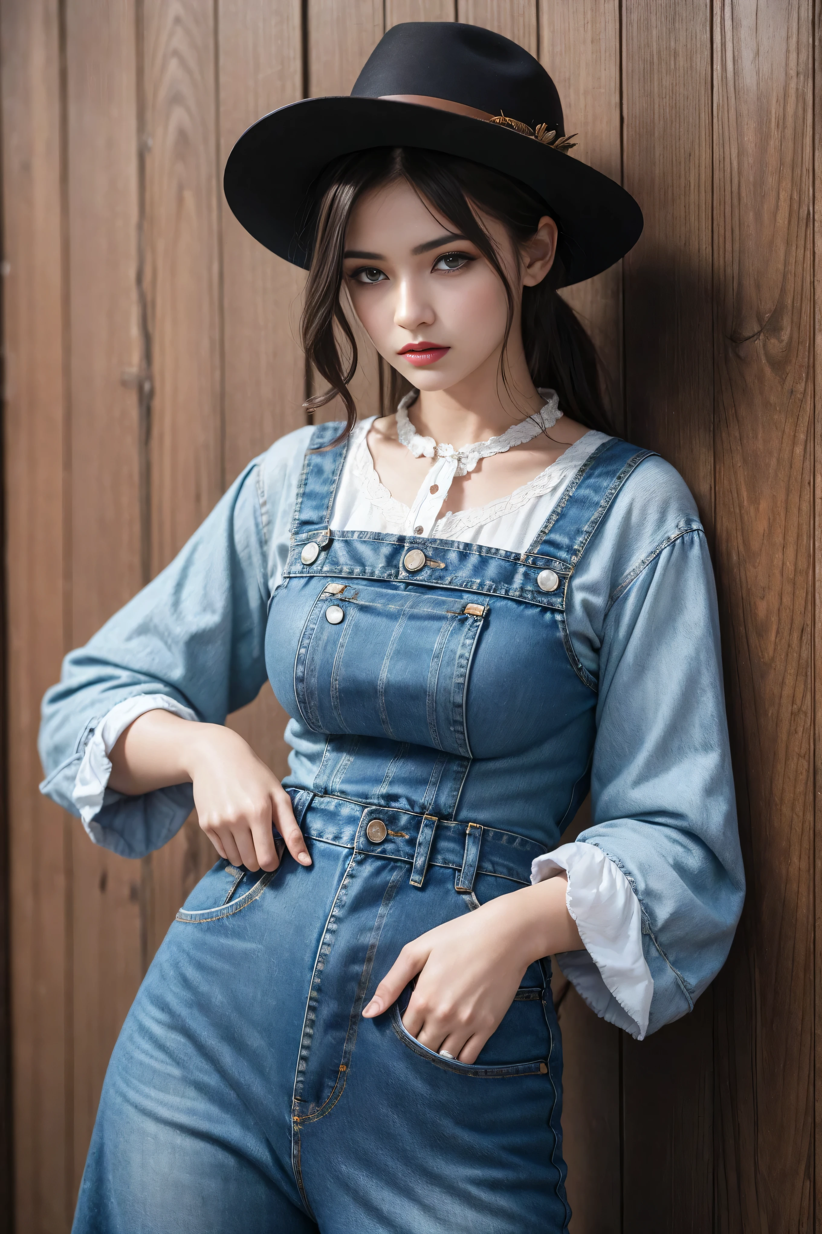 Woman in denim circa 1880s, #11: Light Blonde Long Straight Hair, Brown eyes, High arched eyebrows, Slender and graceful neck, Red lips, Large Breasts, Brown Leather Leggings, Sleeveless Brown Leather Vest, Leather Boots, Walking on the dusty sandy streets of a deserted North American town，The wind blew through her hair, Practical, photoPractical, photoPractical, Fear, Dark atmosphere and dramatic lighting, Deep Red, Foggy environment, Detailed facial expressions, Heavy fog