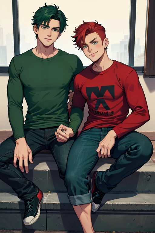 male, red short messy hair, blue eyes, (((1boy))), (((green long sleeve t-shirt))), (black denim pants), (black shoes), handsome, long legs, smiling, single person