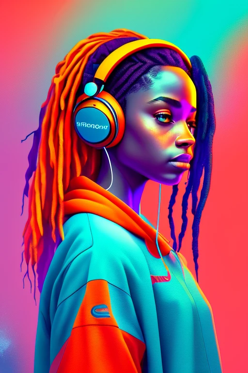 A girl with beautiful detailed eyes, beautiful detailed lips, extremely detailed face and long eyelashes, in a colorful background filled with scattered musical notes in various sizes and colors, creative logo illustration of a silhouette with dreadlocks and red headphones, beautiful detailed color palette, vibrant colors, cinematic lighting, ethereal atmosphere, (best quality,4k,8k,highres,masterpiece:1.2),ultra-detailed,(realistic,photorealistic,photo-realistic:1.37),portrait,concept art