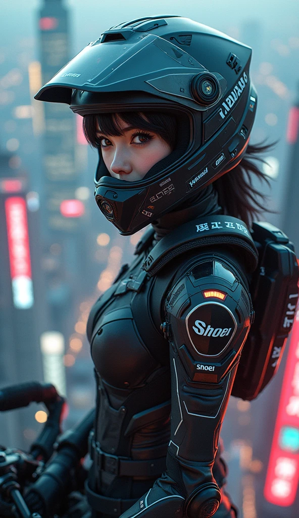 very beautiful Japanese high school girl, about to Ride on a off-road motorcycle, at the heliport of the top of the tallest building at night, amazing view of skyscrapers, dangerous place, dramatic scene, masterpiece, (face focus:1.3), clear helmet visor, beautiful eyes, Kawasaki bike, Shoei helmet, (wearing a intricated with complex layered cyber punk mecha armored off-road rider's outfits with neon sign), dynamic angle, acrobatic pose