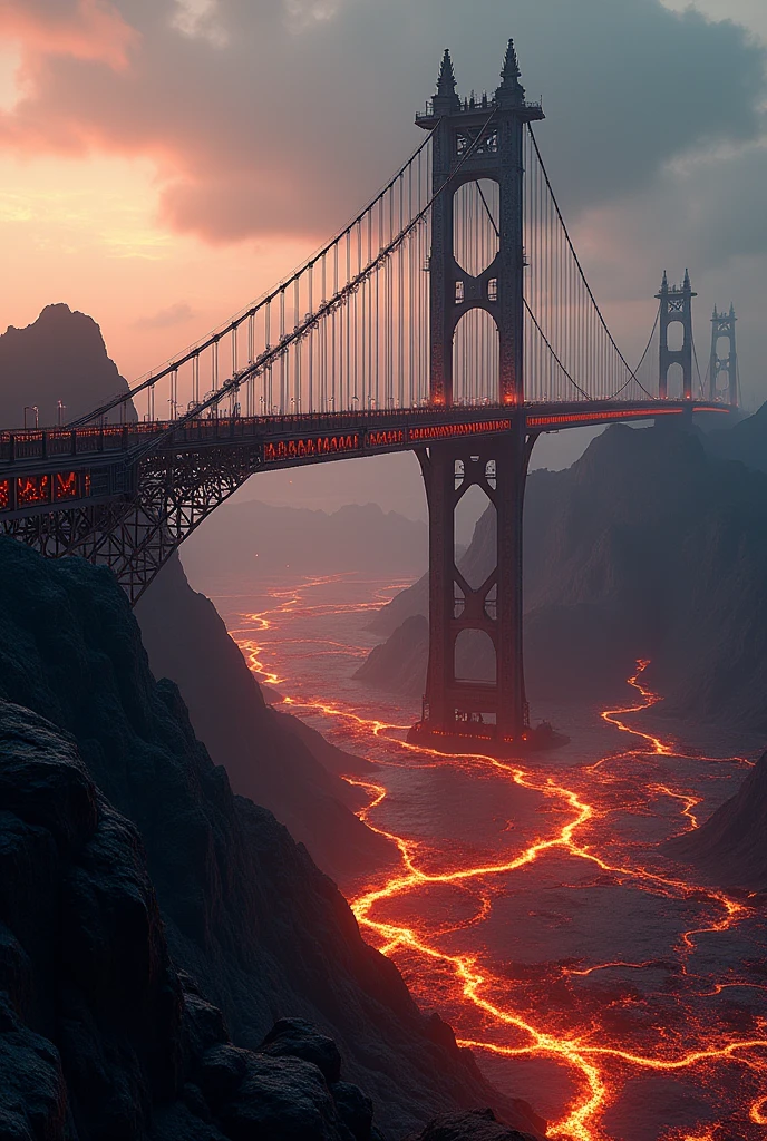 a suspension bridge above a vast lava field, extremely detailed, highly realistic, 4k, 8k, photorealistic, professional photography, dramatic lighting, beautiful detailed eyes, beautiful detailed lips, extremely detailed face, long eyelashes, intricate architecture, complex geometric structure, steel cables, dramatic shadows, molten lava, glowing embers, volcanic rocks, moody atmosphere, rich color palette, cinematic composition