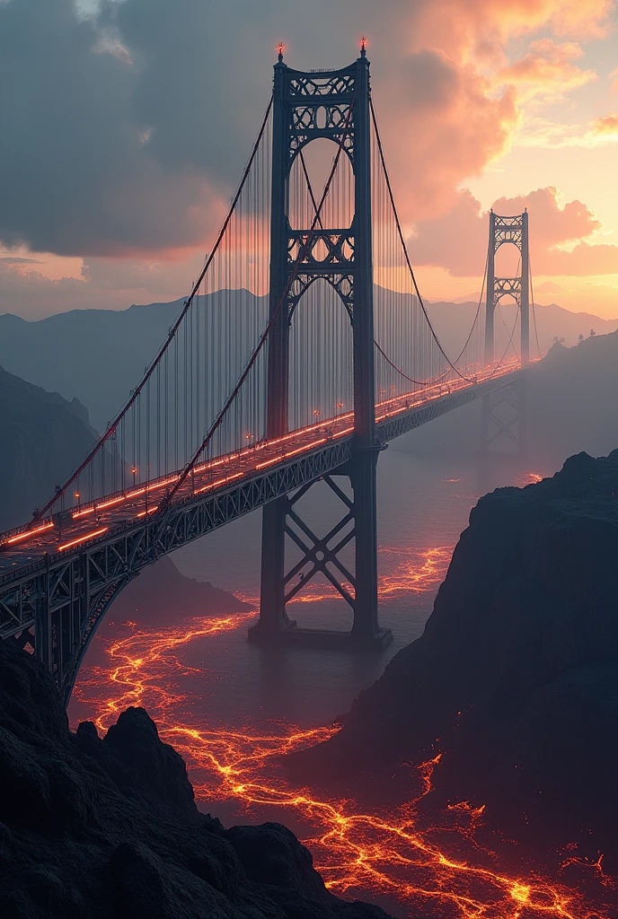 a suspension bridge above a vast lava field, extremely detailed, highly realistic, 4k, 8k, photorealistic, professional photography, dramatic lighting, beautiful detailed eyes, beautiful detailed lips, extremely detailed face, long eyelashes, intricate architecture, complex geometric structure, steel cables, dramatic shadows, molten lava, glowing embers, volcanic rocks, moody atmosphere, rich color palette, cinematic composition