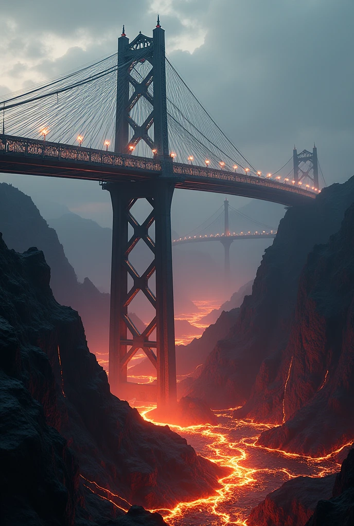 a suspension bridge above a vast lava field, extremely detailed, highly realistic, 4k, 8k, photorealistic, professional photography, dramatic lighting, beautiful detailed eyes, beautiful detailed lips, extremely detailed face, long eyelashes, intricate architecture, complex geometric structure, steel cables, dramatic shadows, molten lava, glowing embers, volcanic rocks, moody atmosphere, rich color palette, cinematic composition