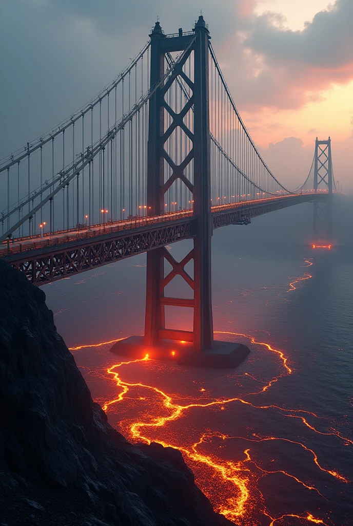a suspension bridge above a vast lava field, extremely detailed, highly realistic, 4k, 8k, photorealistic, professional photography, dramatic lighting, beautiful detailed eyes, beautiful detailed lips, extremely detailed face, long eyelashes, intricate architecture, complex geometric structure, steel cables, dramatic shadows, molten lava, glowing embers, volcanic rocks, moody atmosphere, rich color palette, cinematic composition