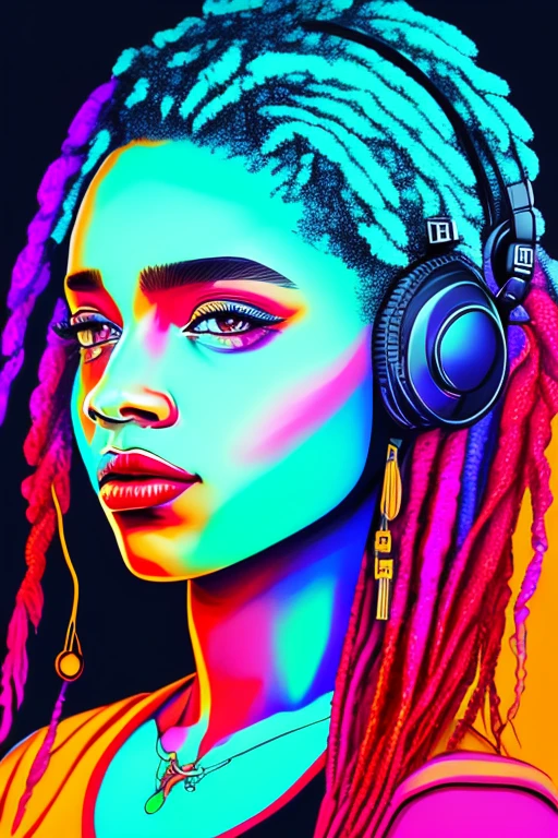 A girl with beautiful detailed eyes, beautiful detailed lips, extremely detailed face and long eyelashes, in a colorful background filled with scattered musical notes in various sizes and colors, creative logo illustration of a silhouette with dreadlocks and red headphones, beautiful detailed color palette, vibrant colors, cinematic lighting, ethereal atmosphere, (best quality,4k,8k,highres,masterpiece:1.2),ultra-detailed,(realistic,photorealistic,photo-realistic:1.37),portrait,concept art