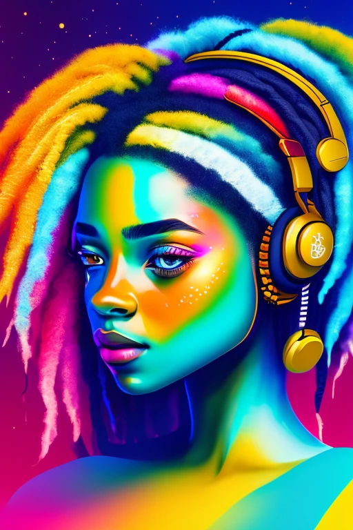 A girl with beautiful detailed eyes, beautiful detailed lips, extremely detailed face and long eyelashes, in a colorful background filled with scattered musical notes in various sizes and colors, creative logo illustration of a silhouette with dreadlocks and red headphones, beautiful detailed color palette, vibrant colors, cinematic lighting, ethereal atmosphere, (best quality,4k,8k,highres,masterpiece:1.2),ultra-detailed,(realistic,photorealistic,photo-realistic:1.37),portrait,concept art