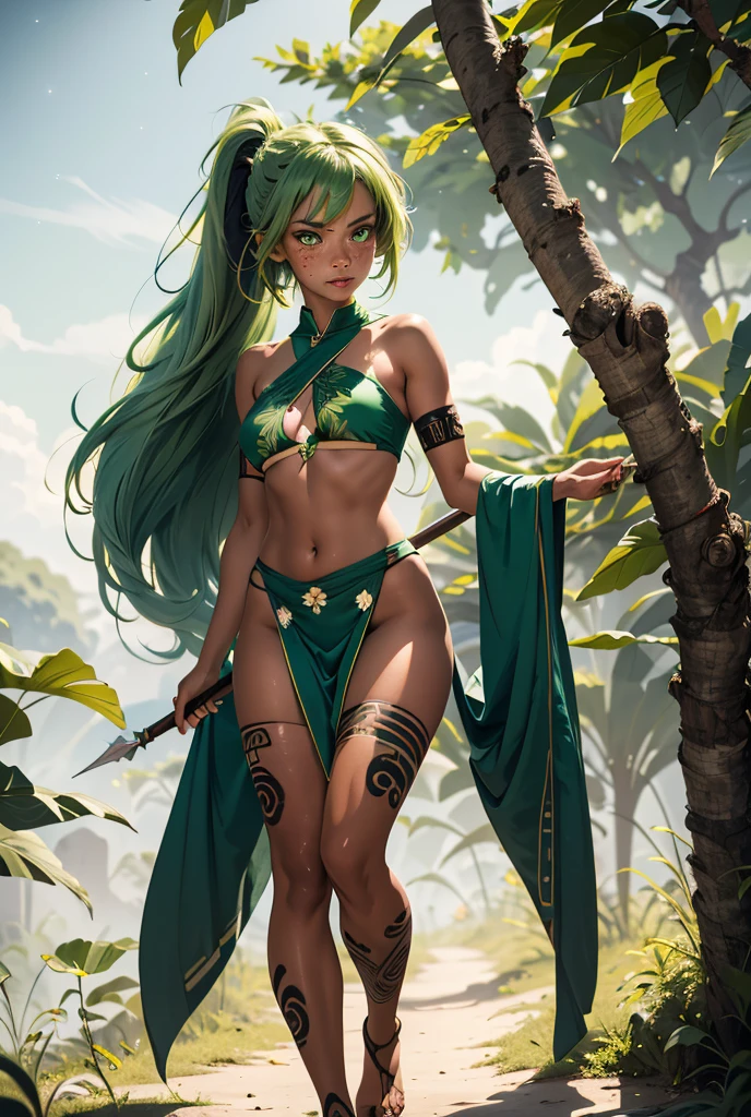 young plant girl with a tanned skin tone, a serious glare, flowered ponytails, leaf green hair, deep green starry Eyes, b-cup, lithe, fit, tribal attire full-body, green Footless tights with leafy design, star like birthmark, freckles, holding a spear