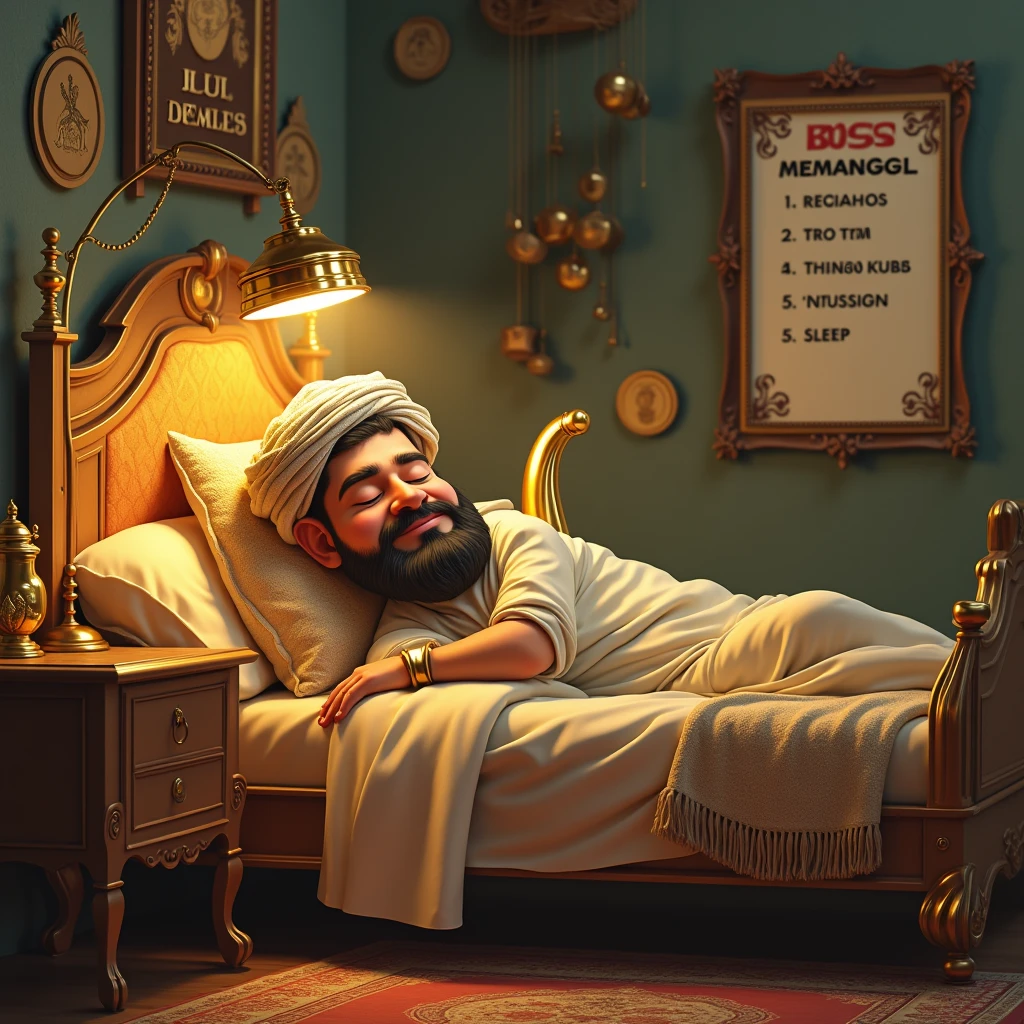 A 4D caricature of a genie from the Middle East is sleeping inside an ancient golden teapot. He is sleeping on a luxurious classic bed, surrounded by various classic ornaments attached to the wall. Right above his bed, there is an emergency lamp with the words "BOSS MEMANGGIL" in bold and correct spelling, next to it is a to do list poster containing the numbers 1-10 entitled "JATAH PERMINTAAN." The picture clearly shows that he is a friendly genie who is inside a classic golden teapot.