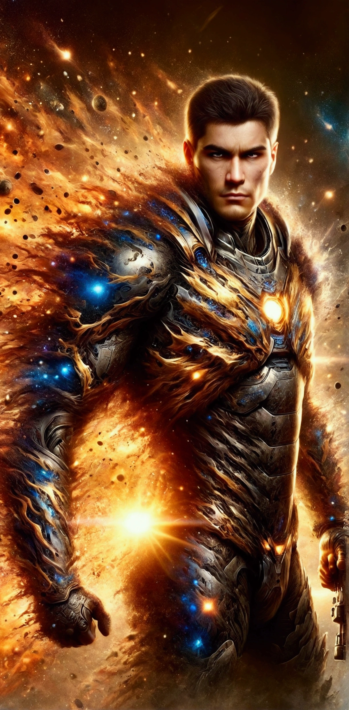 Super strong and muscular hero, soldier, armored heterosexual with metallic and gold space combat armor. Extreme attention to fine details and realistic textures. Vibrant and accurate colors.
Cinematographic lighting. Photographic hyper-realism. High quality visual effects. Professional post-processing. Lens flare and bokeh effects. In 8K Uktra HD resolution, extremely detailed 8K wallpaper.