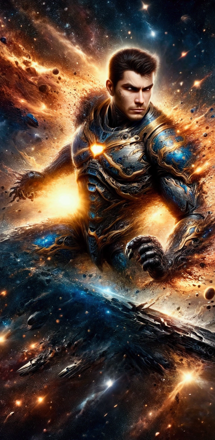Super strong and muscular hero, soldier, armored heterosexual with metallic and gold space combat armor. Extreme attention to fine details and realistic textures. Vibrant and accurate colors.
Cinematographic lighting. Photographic hyper-realism. High quality visual effects. Professional post-processing. Lens flare and bokeh effects. In 8K Uktra HD resolution, extremely detailed 8K wallpaper.