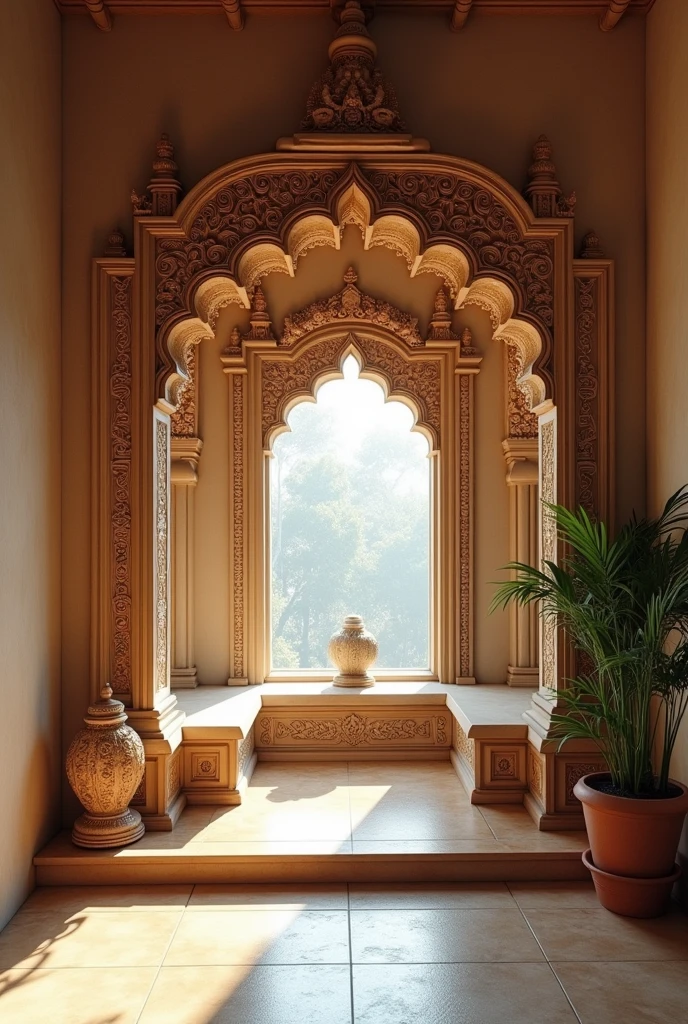 A hindu mandir deaigned for homes including a window in its design which is placed in the wall of a small room where a mandir has to be made