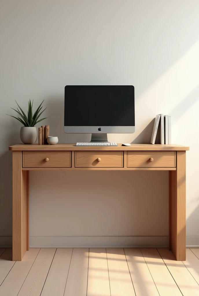 Rectangular wooden desk. With 3 small drawers in the front and above it a computer and 3 books
