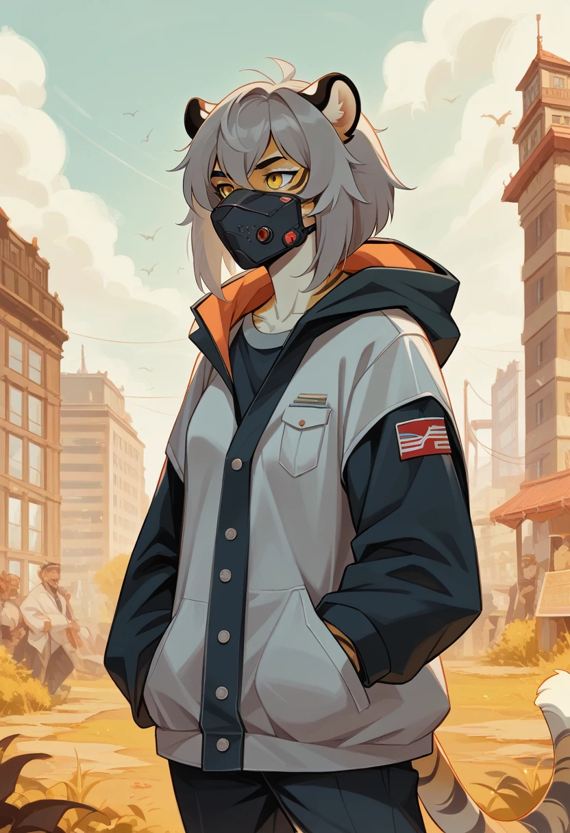 женщина anthro furry tiger ,absurdity, a high resolution, ultra detailed,
1 girl,oversized hooded jacket,whole body,
 original character,girl,gray hair,yellow eyes,shoulder-length hair, complex black mask, military general, {Best quality}}, {{masterpiece}}, {{ultra detailed}}, {illustration}, {detailed light},
Nuclear fusion, masterpiece, realistic, Best quality , professional artwork, fluffy, Prussian, military uniform, German,, gorgeous military Prussian uniform,  humanoid, Science fiction, 1980s, 1980s tanks,
