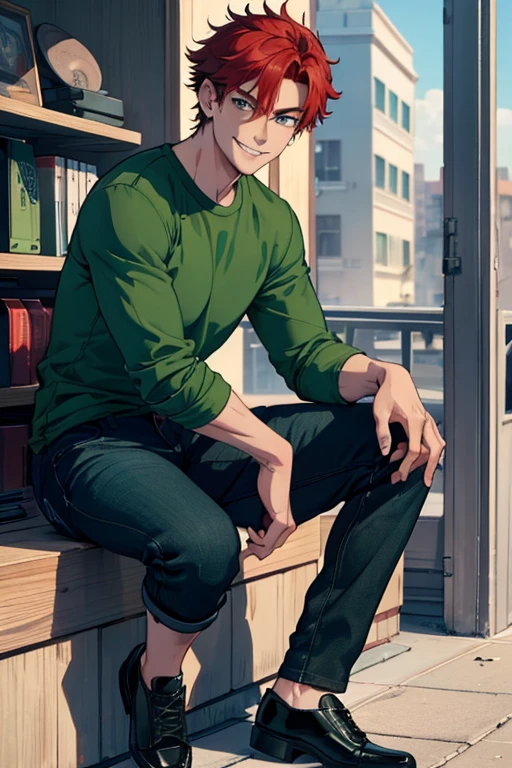 male, red short messy hair, blue eyes, (((1boy))), (((green long sleeve t-shirt))), (black denim pants), (black shoes), handsome, long legs, smiling, single person