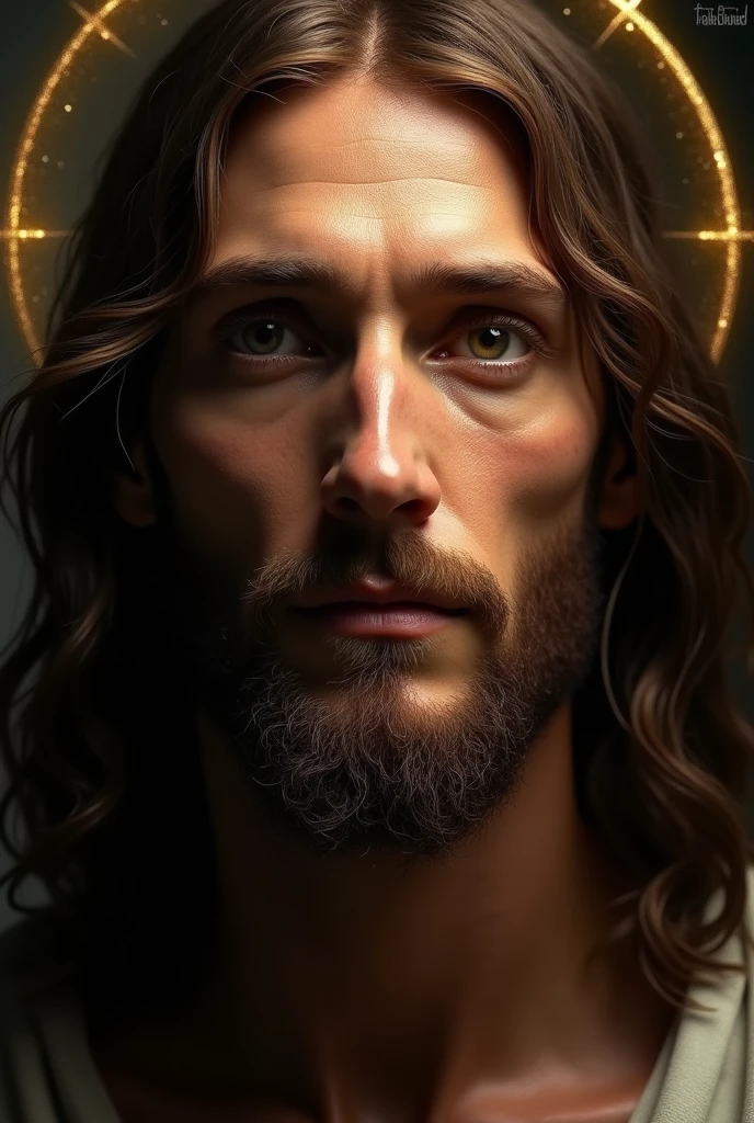 a photorealistic portrait of Jesus Christ facing the viewer, extremely detailed eyes and face, long eyelashes, beautiful detailed lips, cinematic lighting, golden halo, religious, spiritual, serene expression, chiaroscuro lighting, dramatic shadows, glowing skin, 8k, best quality, photorealistic, masterpiece