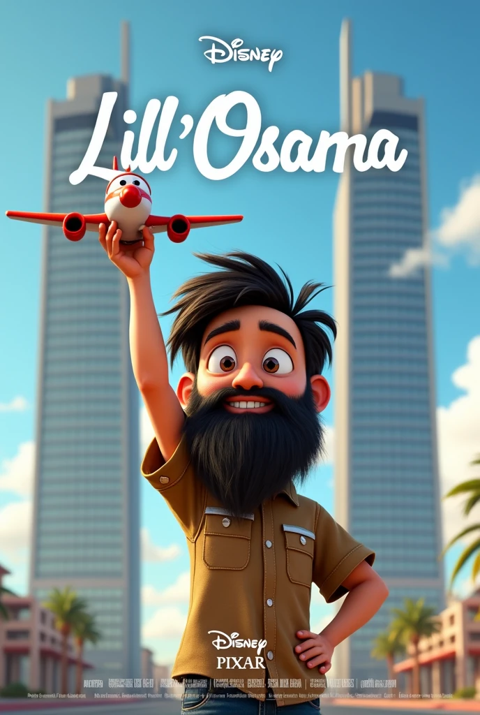 A Disney pixar movie poster, featuring a young boy with a very long ZZtop beard, holding a toy airplane with one hand in the air, two identical flat-roofed business towers in the background, the movie title at the top says "Lil' Osama", text at the bottom saying "in theaters this september", Disney pixar logo above title, actor names and studios details at the bottom, highly detailed, best quality, 4k