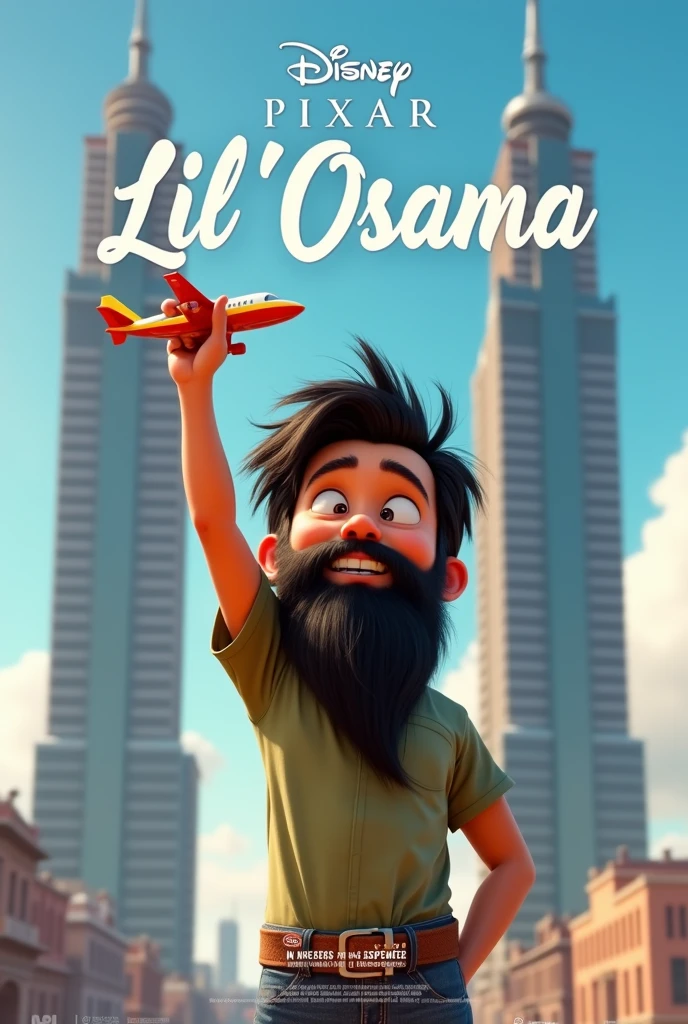 A Disney pixar movie poster, featuring a young boy with a very long ZZtop beard, holding a toy airplane with one hand in the air, two identical flat-roofed business towers in the background, the movie title at the top says "Lil' Osama", text at the bottom saying "in theaters this september", Disney pixar logo above title, actor names and studios details at the bottom, highly detailed, best quality, 4k