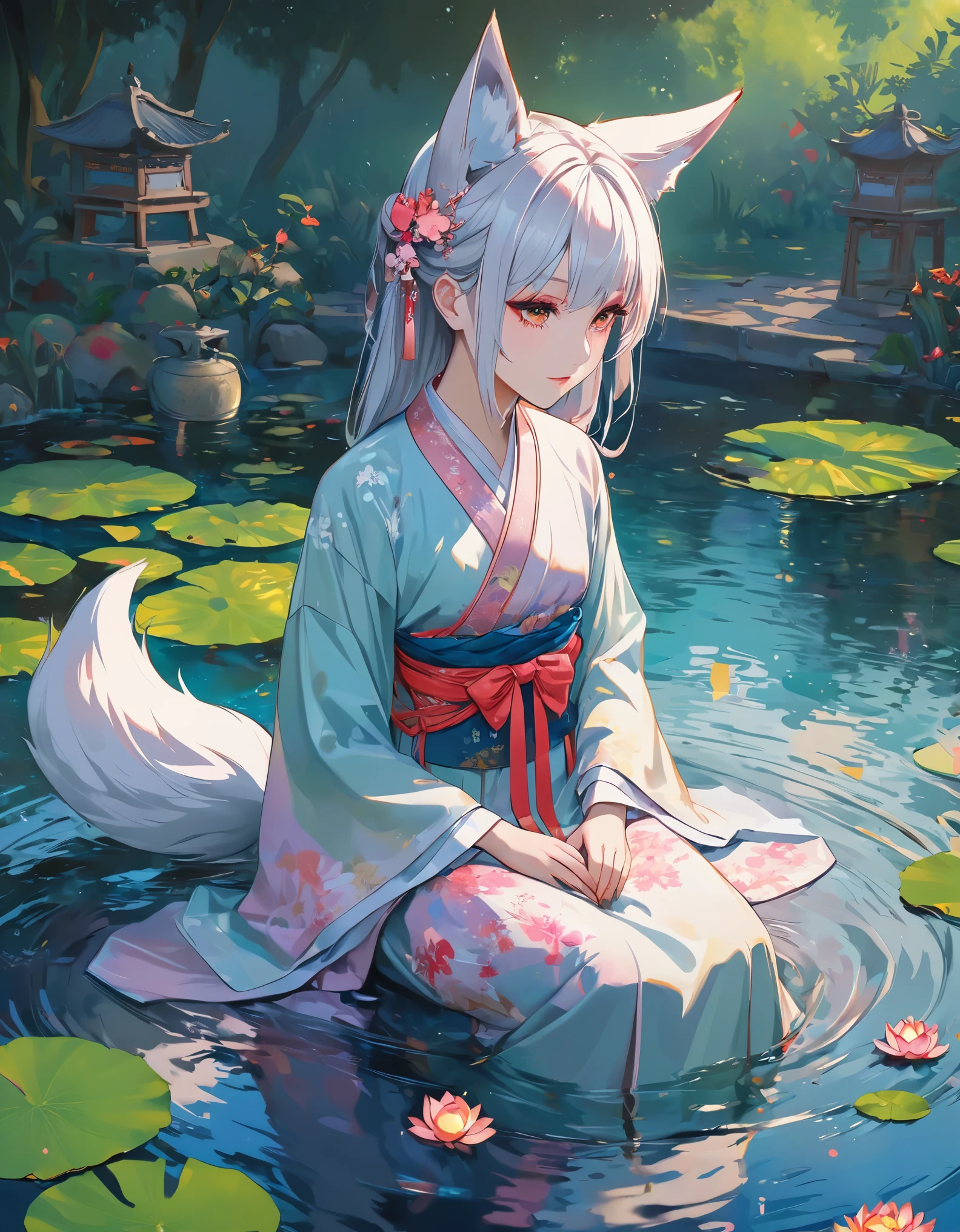 (Highest quality:1.2), Beautiful lo-fi minimalist vibe, Cute absurd, , in the style of unreal engine 5 art style, Glitter, Oil painting style art high resolution, Extremely detailed, (1 Girl:1.3), Hand Painted, Simple lines, 16-year-old girl wearing colorful Chinese Hanfu, Sexy fox ears girl, By the lotus pond, masterpiece, sitting in water, Floating clothes, Flowing hairLight bokeh, (best quality,4k,8k,highres,masterpiece:1.2),ultra-detailed,(realistic,photorealistic,photo-r