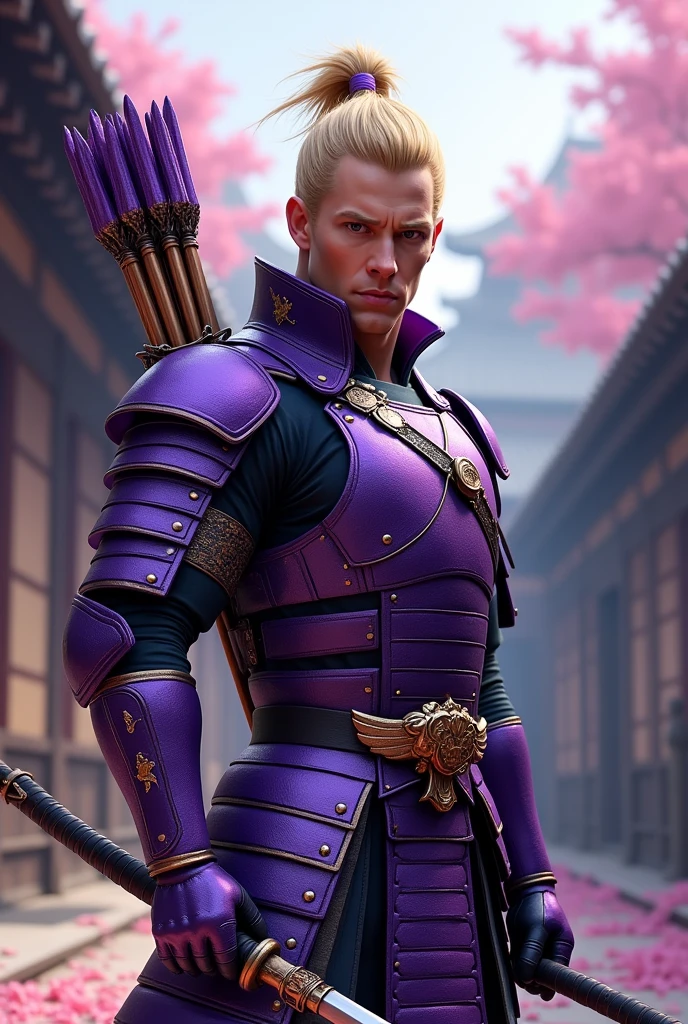 Hawkeye in samurai armor, purple scheme, blonde hair