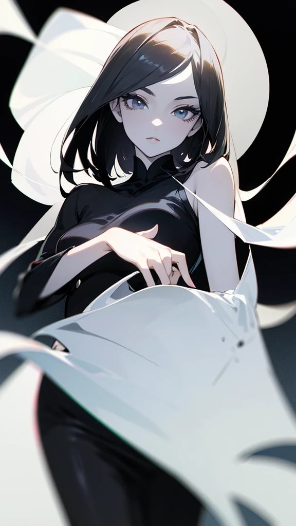 anime elegant young woman. one length haircut, straight hair,  detailed face, She has sharp, features, siren eyes long eyelashes. posing normally, standing straight , close up photo Her outfit is party dress, no color, black and white only, black outline, white background, less sensitivity of outlines, (black outlines 0.25)