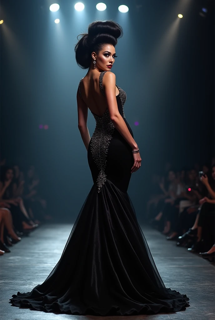 The drag queen wears a gorgeous black sexy fishtail dress