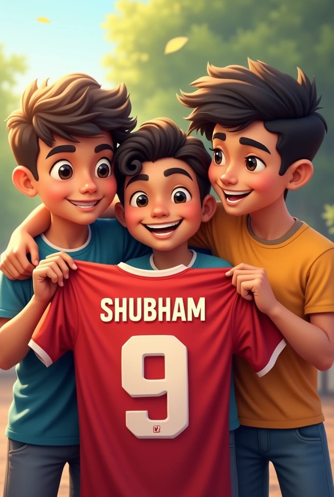 3 friends holding a football jersey the boy Shubham written on the Jersey and another name is Sukit written on the jersey and last name is arjun 