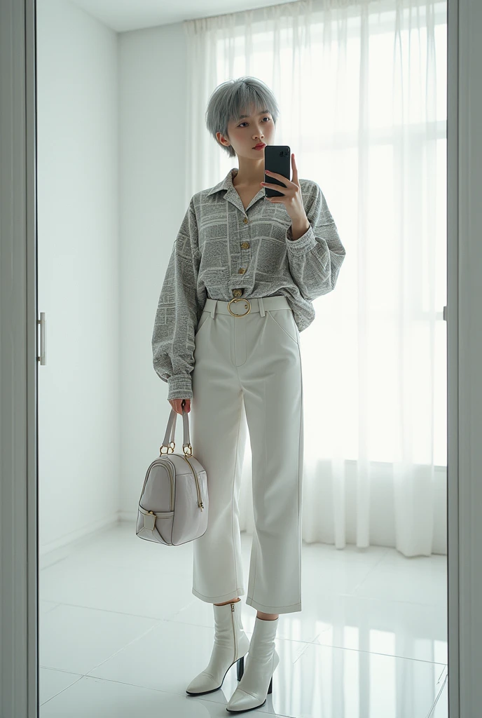 highly detailed, beautiful, hyper Realistic girl, masterpiece, best quality, Japanese sexy gravure woman, 28 years old, identity hidden, takes a selfie in her room using a smartphone in front of a mirror with one hand, fashion model Posing, looking away from the camera, /// gray short hair, light color eyes, Realistic skin, Detailed face, /// Design a futuristic fall fashion ensemble centered on white, keeping in line with minimalist aesthetics. All News Paper Print Big Shirt. Complete the look with white ankle boots that have a metallic finish and a translucent, geometric bag. The overall vibe should exude a sleek, forward-thinking style that seamlessly blends modern minimalism with a touch of the future, /// Monotone simple modern taste single room, mirror, complicated background,