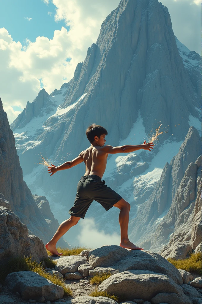 A boy was punching the mountain and gaining the power visual