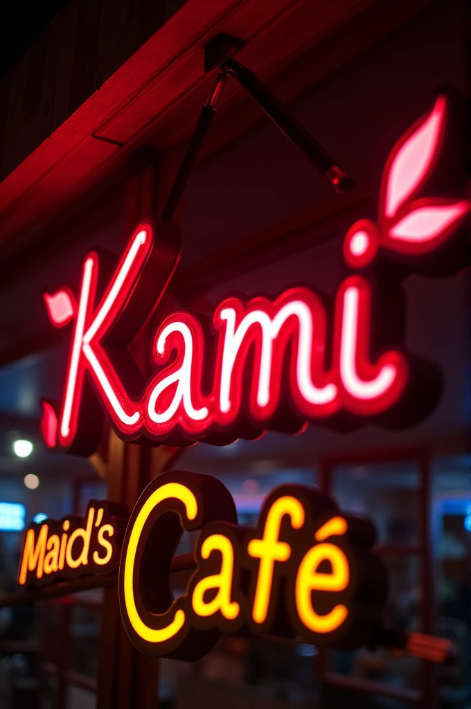word (Kami Maid's Cafe), for an advertisement with large letters that have a black outline and a neon anime style, the word Kami that is red, the word maid's in neon yellow and the word Kafé in orange