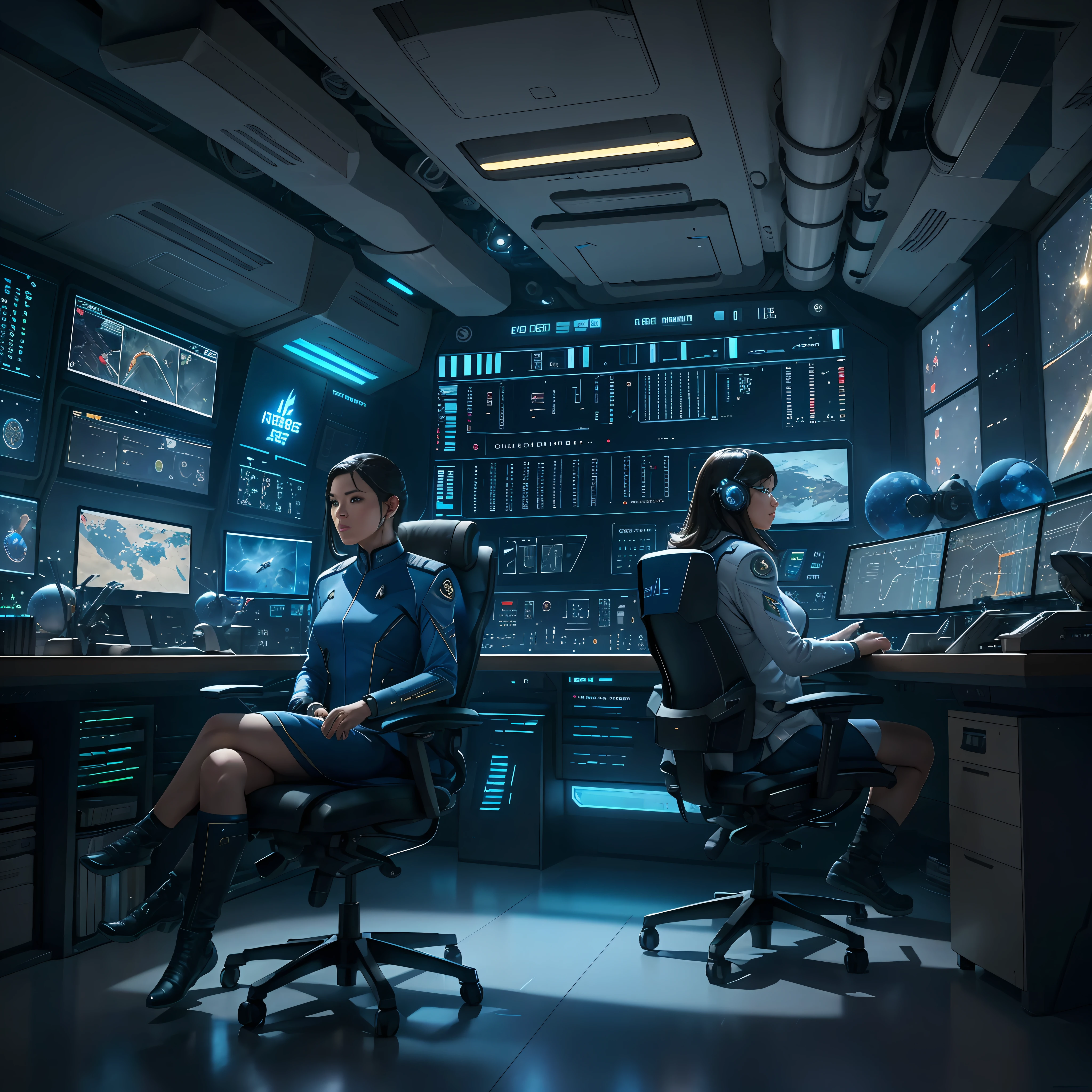 head and shoulders photoshoot of people in intel space command center, star trek style, feing shui, bridge, 8k, photorealistic, insanely detailed and intricate, volumetric lighting, hyperrealism, octane render, HDR, unreal engine, masterpiece, mix of humanoid races in command of the command center, futuristic spaceship seats, coherent team