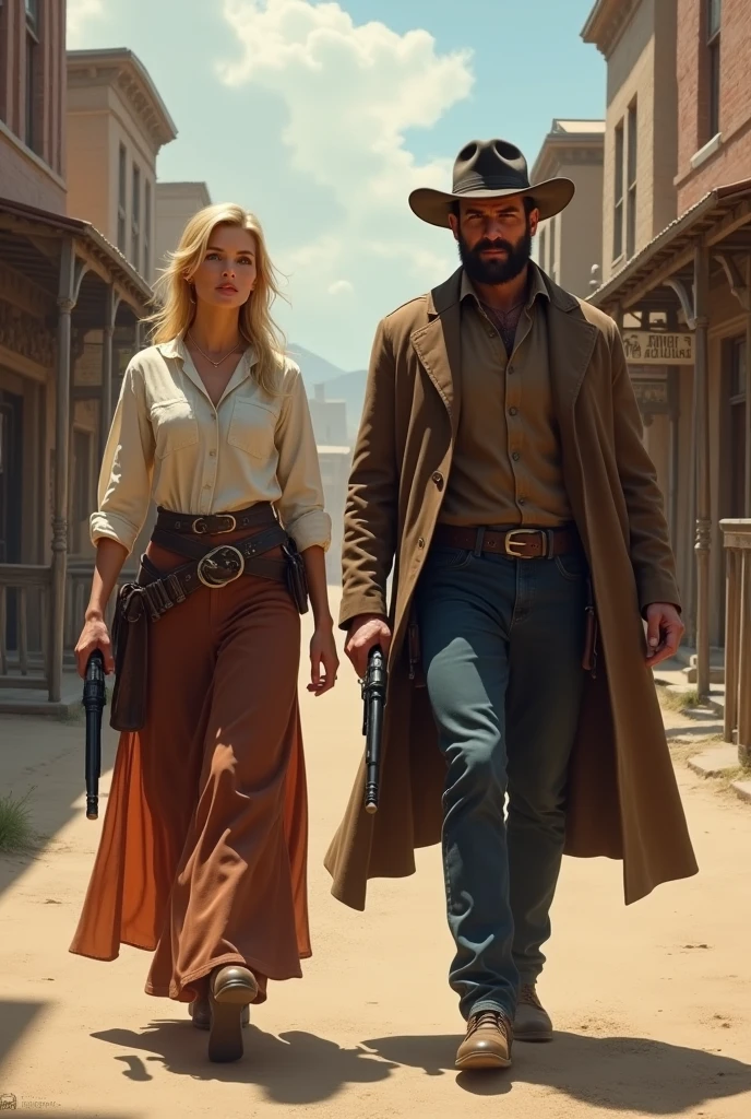 Wild West two people blonde woman and guy without beard walking through the city 1870 in hands weapon man without beard 
