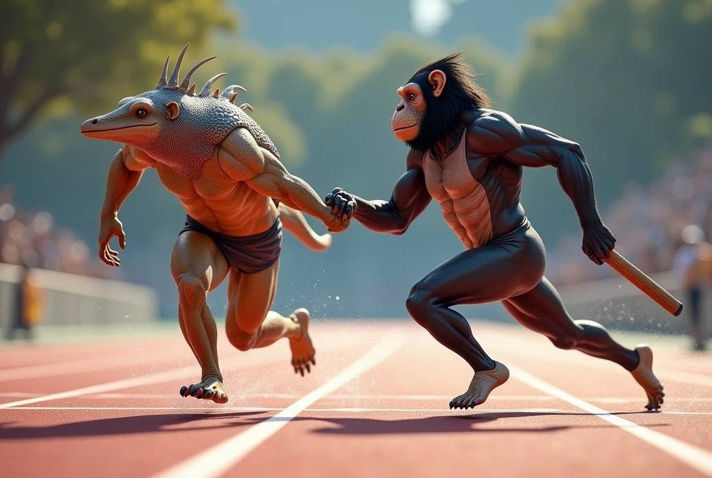 A humanoid pangolin passing the baton to a humanoid chimpanzee during the relay race 4x. motion trails. daylight. There are racing track lanes.